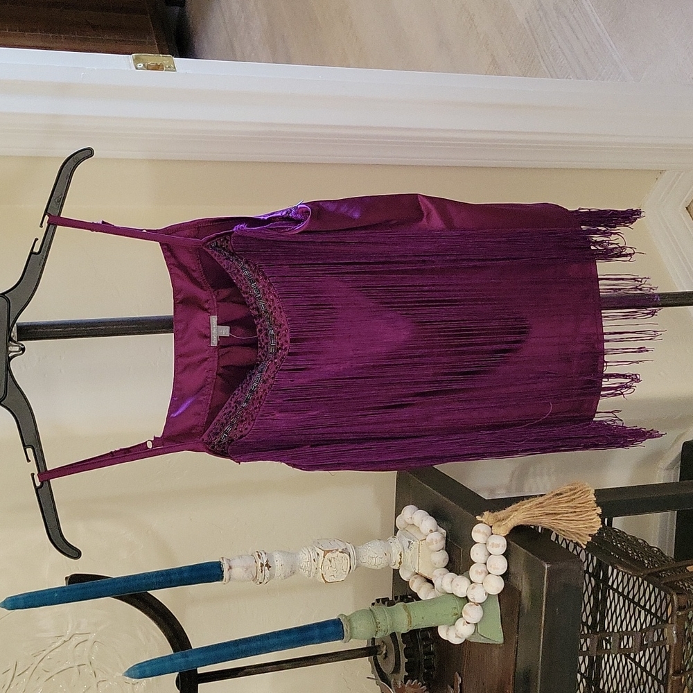 Purple fringe beaded spaghetti strap top. Silky/fringy LG side zipper hook/eye